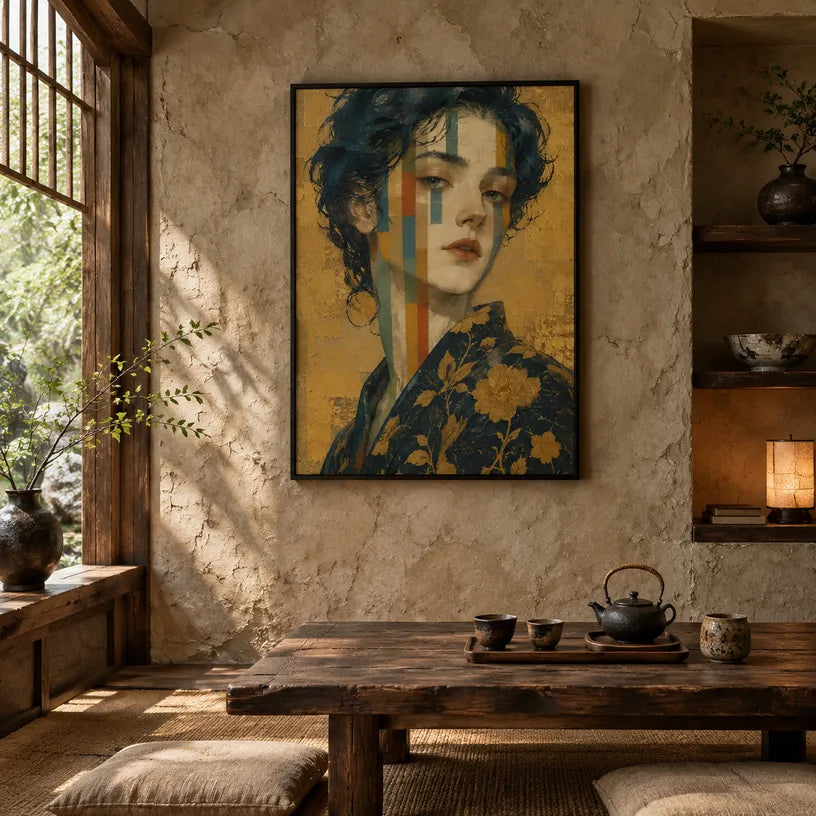 Expressionist portraiture & figure oil painting showing a stylized figure or portrait with expressive painterly shapes in a yellow palette.