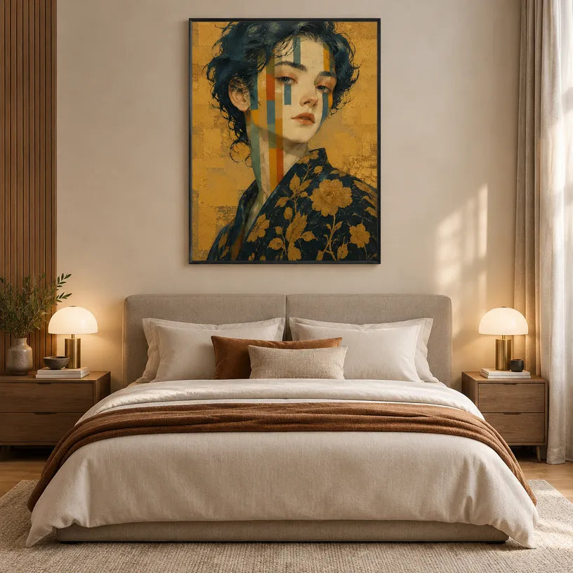 Expressionist portraiture & figure oil painting showing a stylized figure or portrait with expressive painterly shapes in a yellow palette.