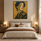 Expressionist portraiture & figure oil painting showing a stylized figure or portrait with expressive painterly shapes in a yellow palette.