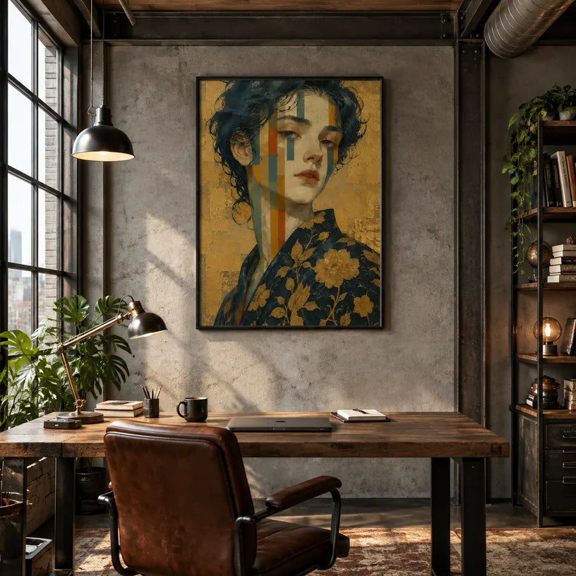 Expressionist portraiture & figure oil painting showing a stylized figure or portrait with expressive painterly shapes in a yellow palette.