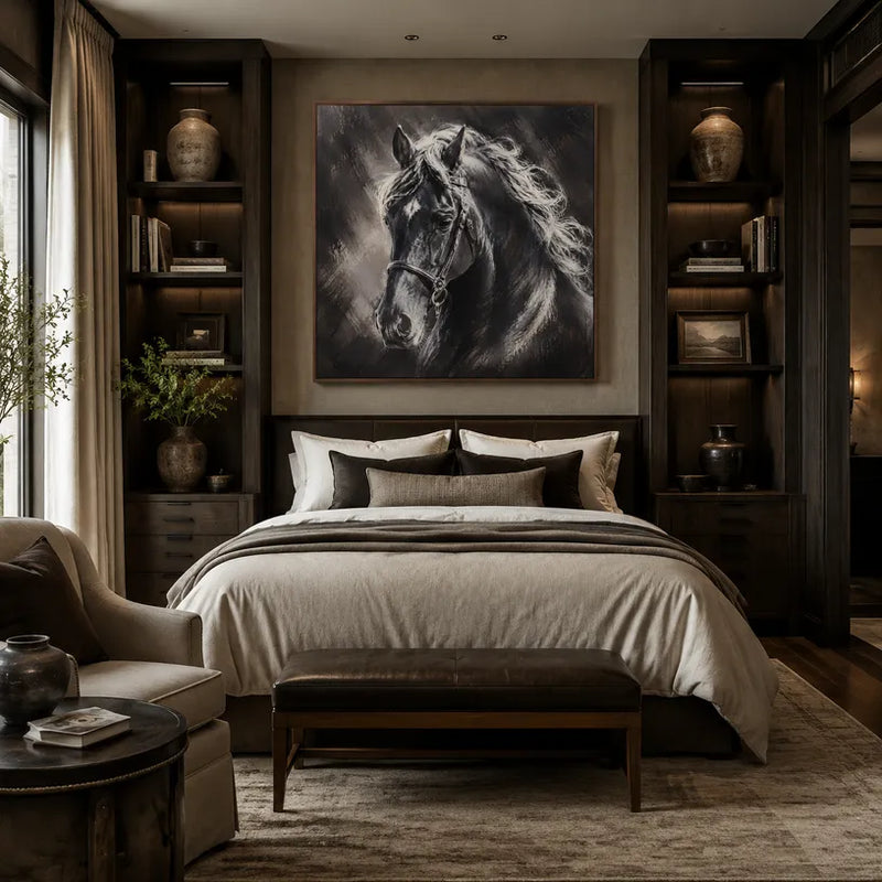 Peinture à l'huile d'animaux expressionnistes représentant un sujet animal expressif rendu avec un pinceau visible dans une palette noir et blanc.