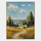 Expressionist landscapes & seascapes & cityscapes oil painting showing a painterly landscape with distant hills, trees or reflective water in a yellow palette.