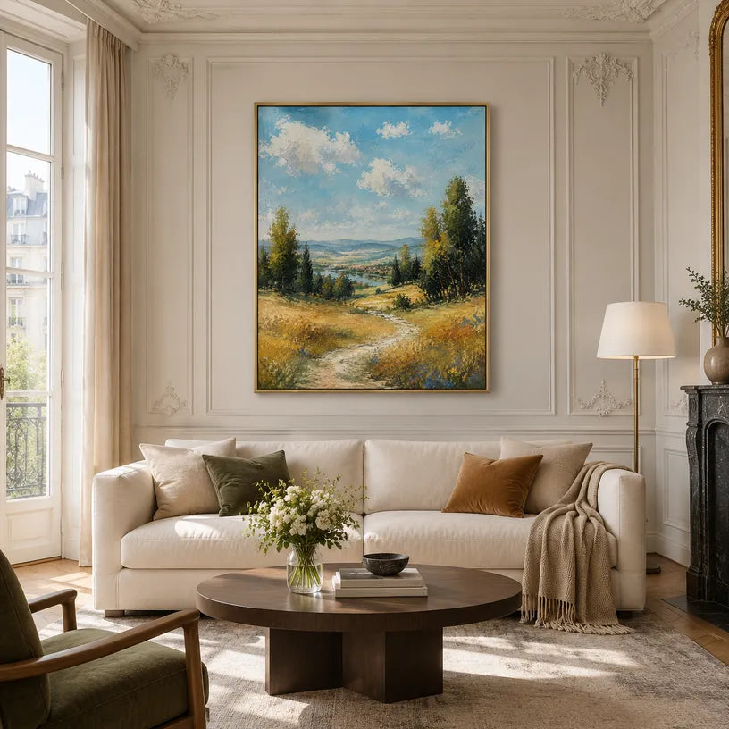 Expressionist landscapes & seascapes & cityscapes oil painting showing a painterly landscape with distant hills, trees or reflective water in a yellow palette.