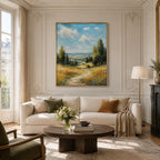 Expressionist landscapes & seascapes & cityscapes oil painting showing a painterly landscape with distant hills, trees or reflective water in a yellow palette.