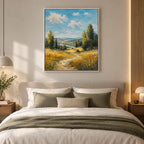 Expressionist landscapes & seascapes & cityscapes oil painting showing a painterly landscape with distant hills, trees or reflective water in a yellow palette.