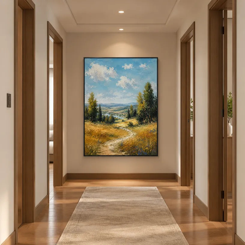 Expressionist landscapes & seascapes & cityscapes oil painting showing a painterly landscape with distant hills, trees or reflective water in a yellow palette.