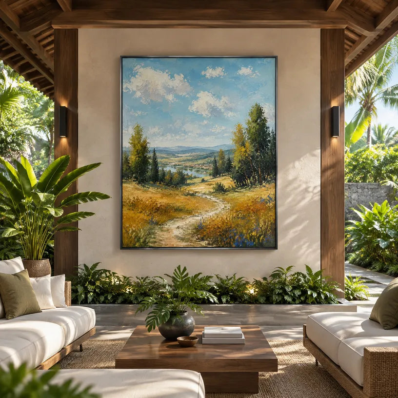 Expressionist landscapes & seascapes & cityscapes oil painting showing a painterly landscape with distant hills, trees or reflective water in a yellow palette.