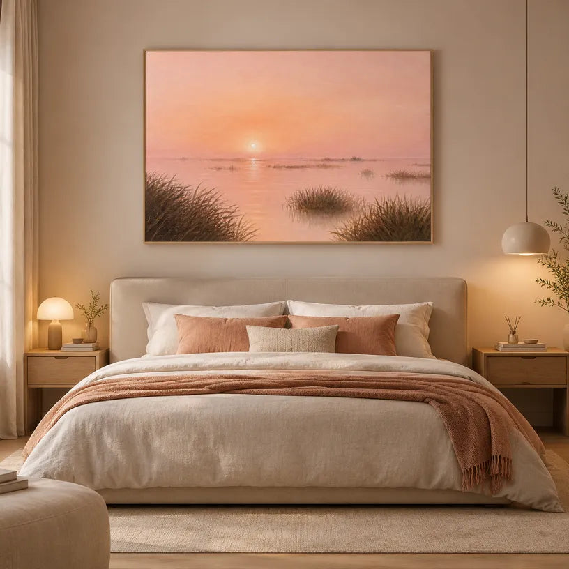 Expressionist landscapes & seascapes & cityscapes oil painting showing a painterly landscape with distant hills, trees or reflective water in a brown palette.