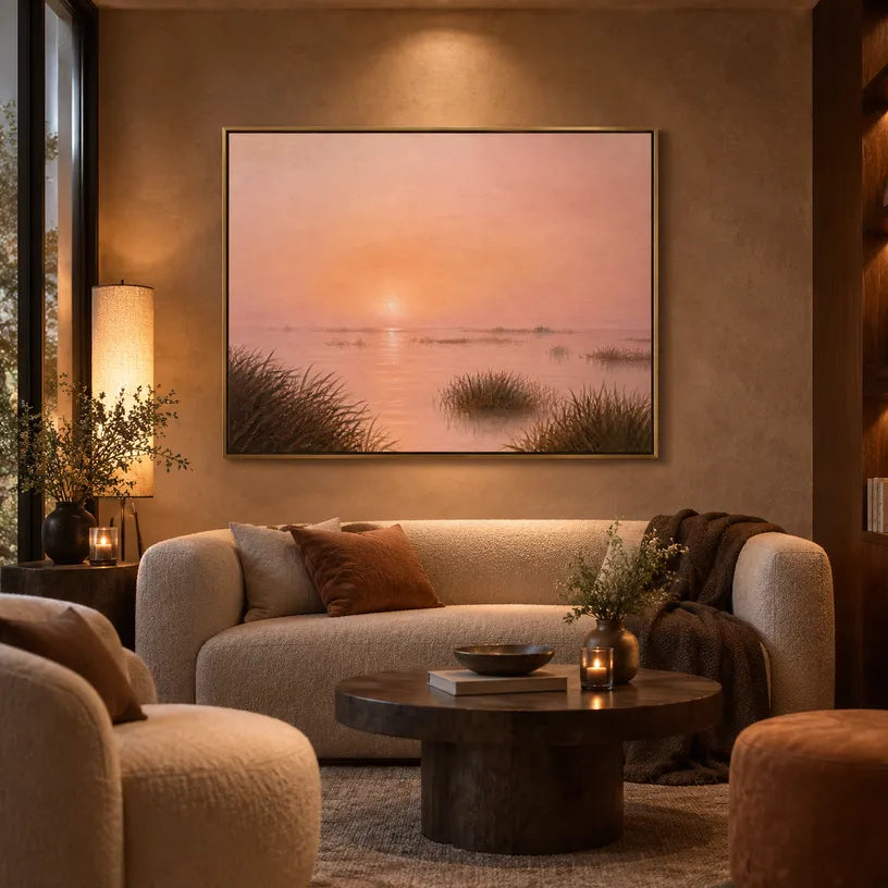 Expressionist landscapes & seascapes & cityscapes oil painting showing a painterly landscape with distant hills, trees or reflective water in a brown palette.