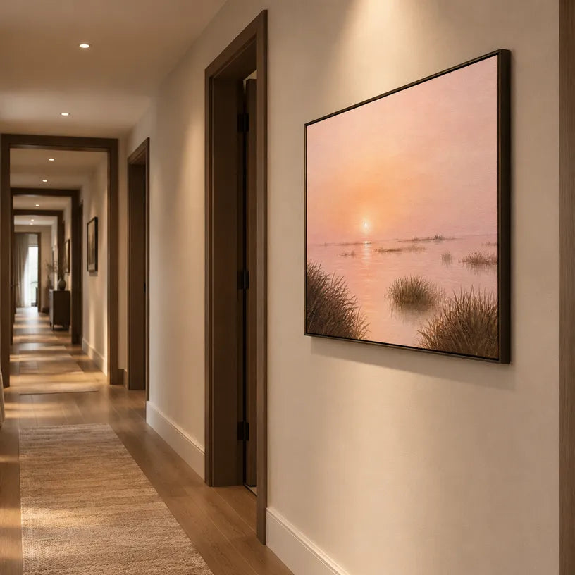 Expressionist landscapes & seascapes & cityscapes oil painting showing a painterly landscape with distant hills, trees or reflective water in a brown palette.