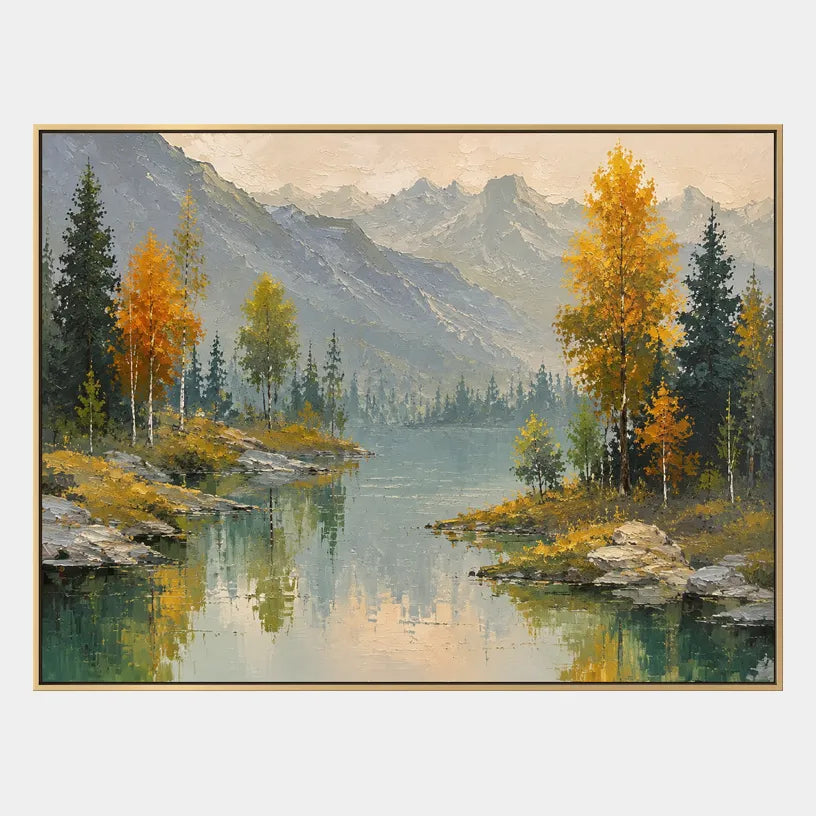Expressionist landscapes & seascapes & cityscapes oil painting showing a painterly landscape with distant hills, trees or reflective water in a yellow palette.