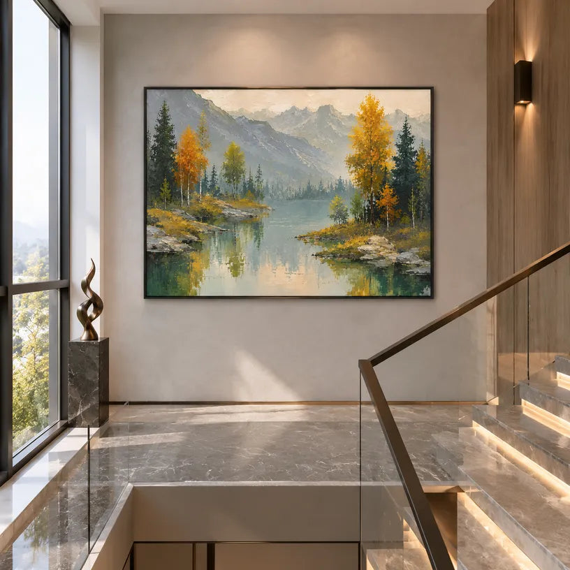 Expressionist landscapes & seascapes & cityscapes oil painting showing a painterly landscape with distant hills, trees or reflective water in a yellow palette.