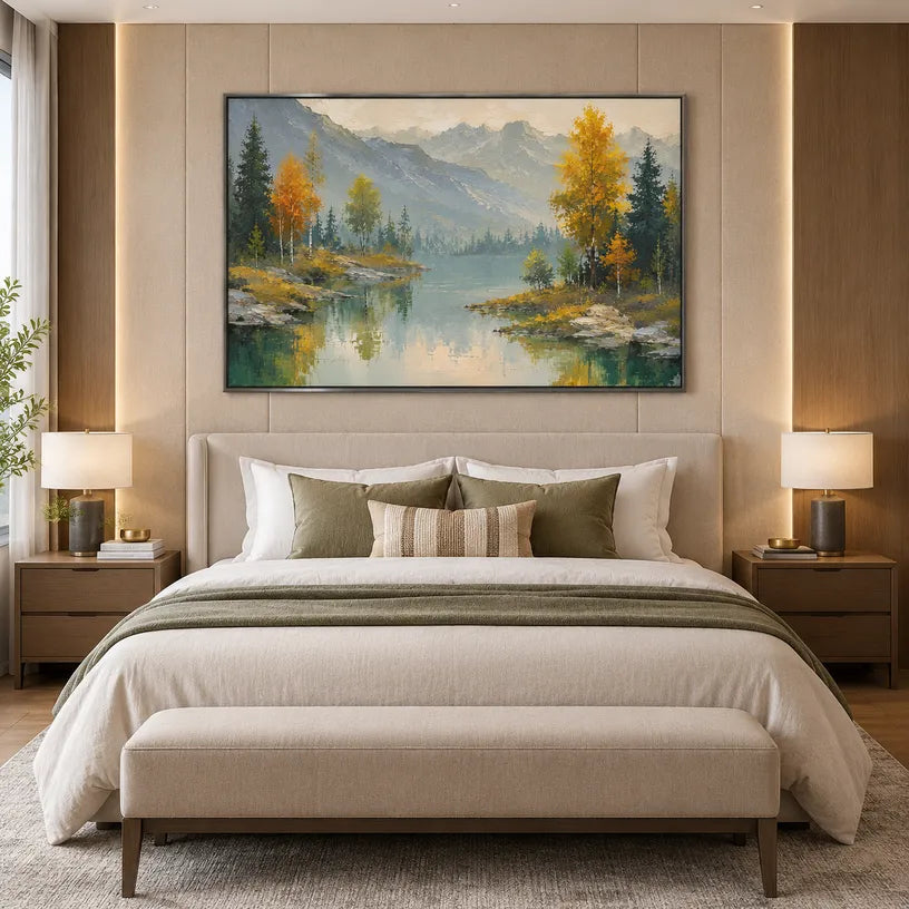 Expressionist landscapes & seascapes & cityscapes oil painting showing a painterly landscape with distant hills, trees or reflective water in a yellow palette.