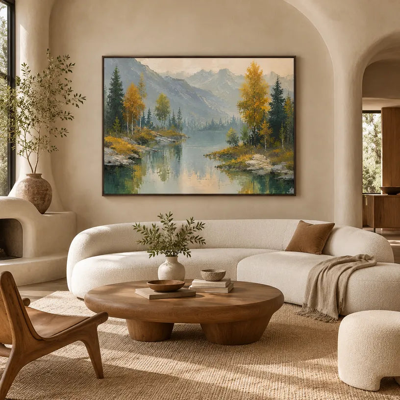 Expressionist landscapes & seascapes & cityscapes oil painting showing a painterly landscape with distant hills, trees or reflective water in a yellow palette.