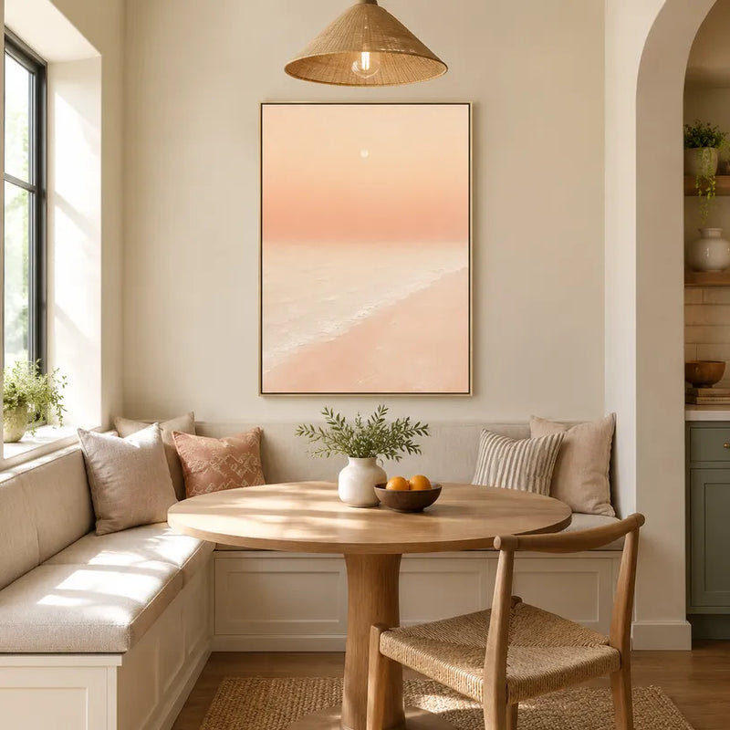 Dipinto a olio con paesaggi espressionisti, paesaggi marini e paesaggi urbani, caratterizzato da una composizione ispirata a paesaggi atmosferici, paesaggi marini o città in una tavolozza beige.