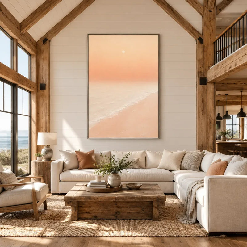 Dipinto a olio con paesaggi espressionisti, paesaggi marini e paesaggi urbani, caratterizzato da una composizione ispirata a paesaggi atmosferici, paesaggi marini o città in una tavolozza beige.