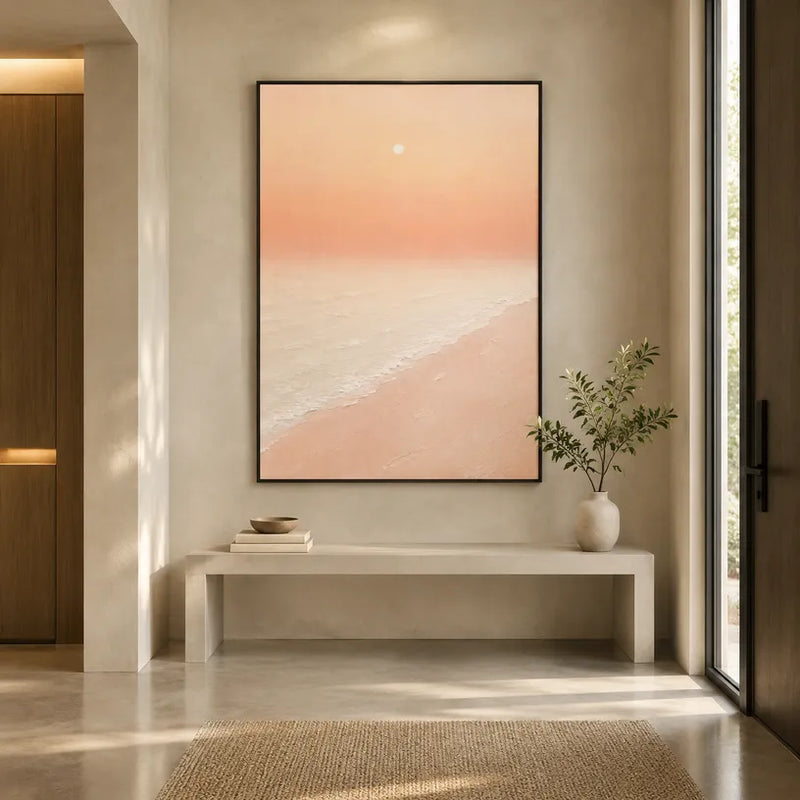 Dipinto a olio con paesaggi espressionisti, paesaggi marini e paesaggi urbani, caratterizzato da una composizione ispirata a paesaggi atmosferici, paesaggi marini o città in una tavolozza beige.
