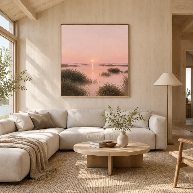 Expressionist landscapes & seascapes & cityscapes oil painting showing a painterly landscape with distant hills, trees or reflective water in a brown palette.