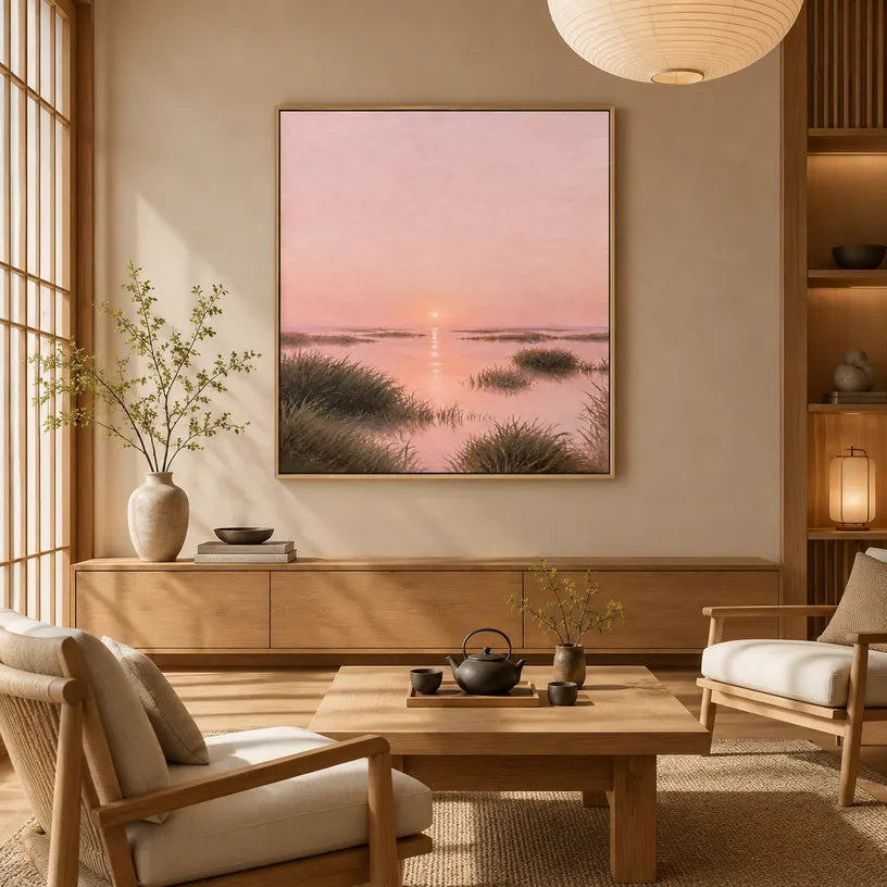 Expressionist landscapes & seascapes & cityscapes oil painting showing a painterly landscape with distant hills, trees or reflective water in a brown palette.