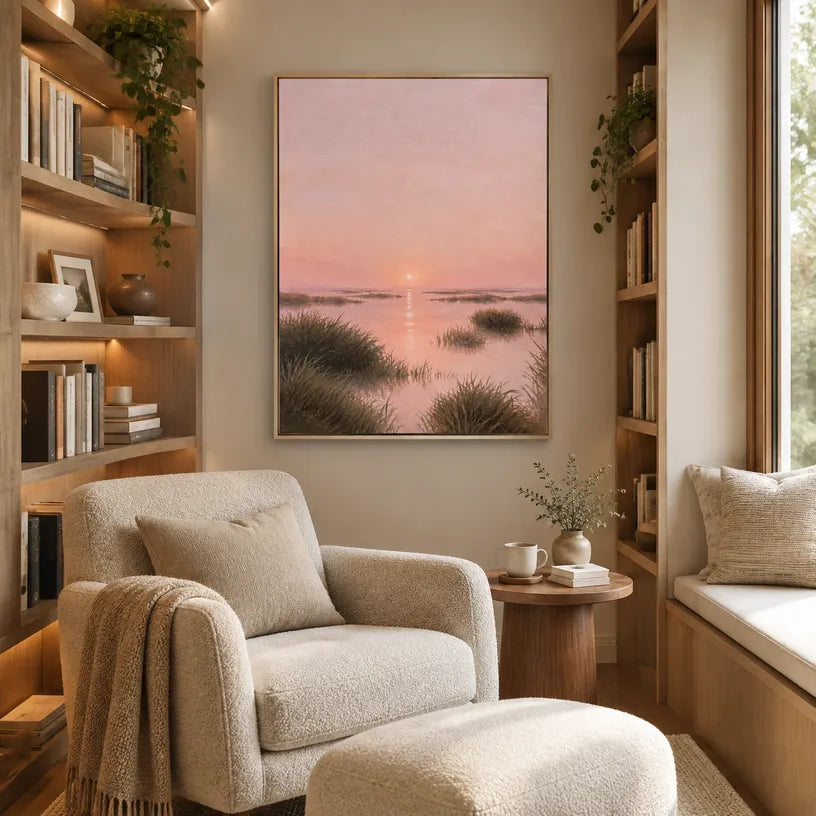 Expressionist landscapes & seascapes & cityscapes oil painting showing a painterly landscape with distant hills, trees or reflective water in a brown palette.