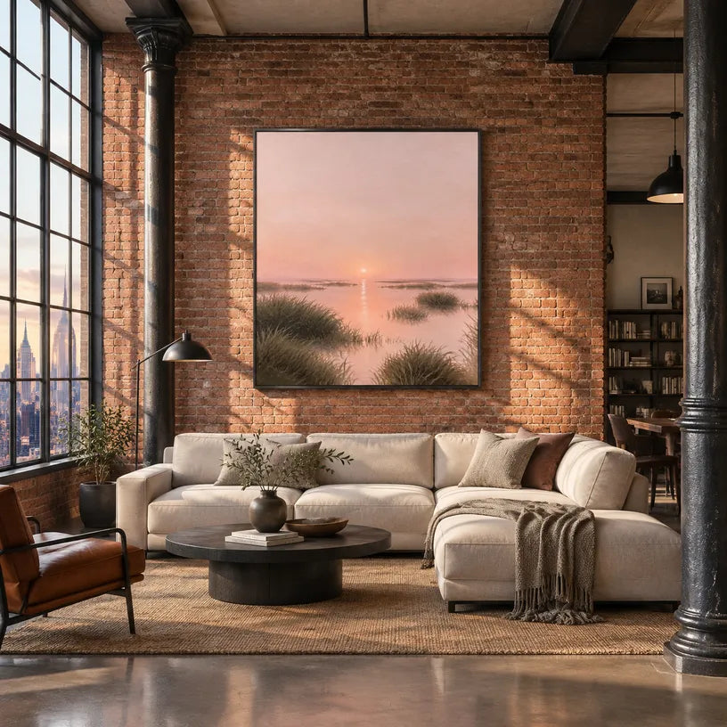 Expressionist landscapes & seascapes & cityscapes oil painting showing a painterly landscape with distant hills, trees or reflective water in a brown palette.