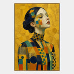 Expressionist portraiture & figure oil painting showing a stylized figure or portrait with expressive painterly shapes in a yellow palette.