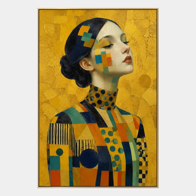 Expressionist portraiture & figure oil painting showing a stylized figure or portrait with expressive painterly shapes in a yellow palette.
