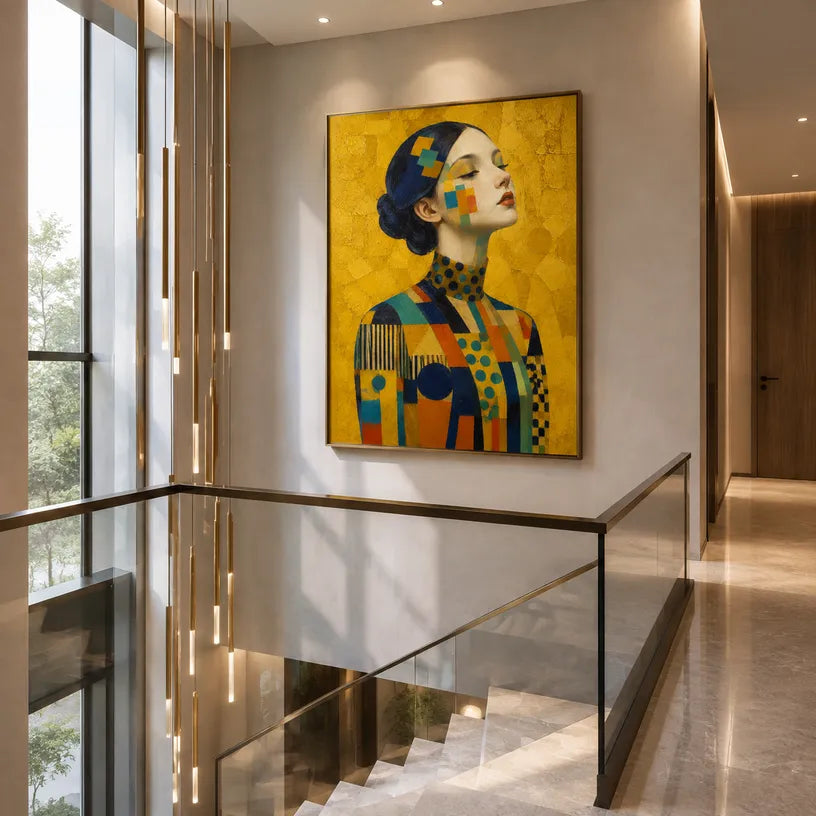 Expressionist portraiture & figure oil painting showing a stylized figure or portrait with expressive painterly shapes in a yellow palette.