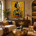 Expressionist portraiture & figure oil painting showing a stylized figure or portrait with expressive painterly shapes in a yellow palette.