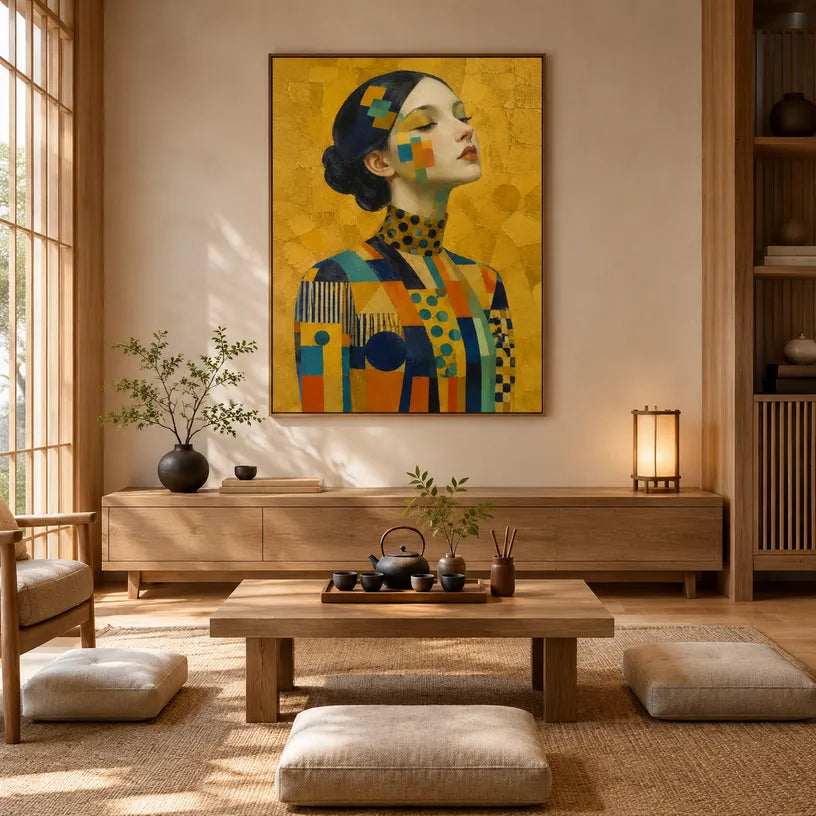 Expressionist portraiture & figure oil painting showing a stylized figure or portrait with expressive painterly shapes in a yellow palette.