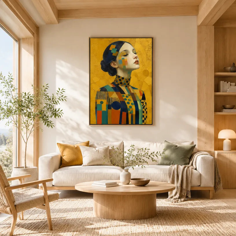 Expressionist portraiture & figure oil painting showing a stylized figure or portrait with expressive painterly shapes in a yellow palette.