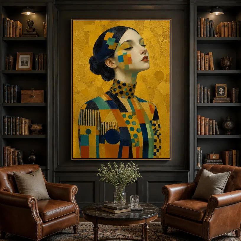 Expressionist portraiture & figure oil painting showing a stylized figure or portrait with expressive painterly shapes in a yellow palette.