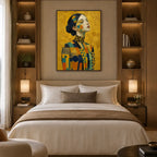 Expressionist portraiture & figure oil painting showing a stylized figure or portrait with expressive painterly shapes in a yellow palette.