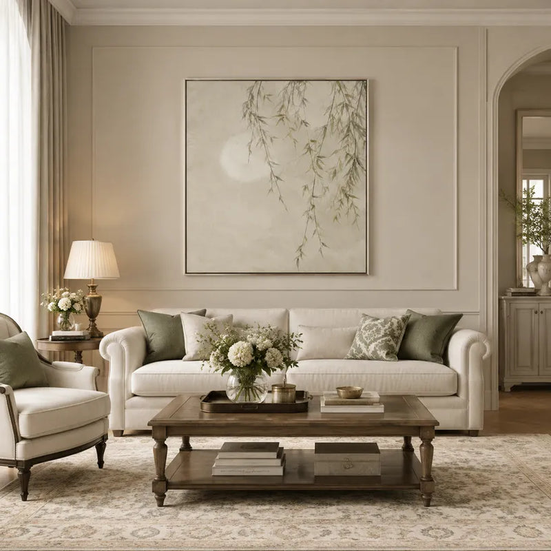 Pittura a olio espressionista floreale/botanica e naturalistica con forme botaniche, fiori o elementi naturali in una composizione pittorica in una tavolozza beige.