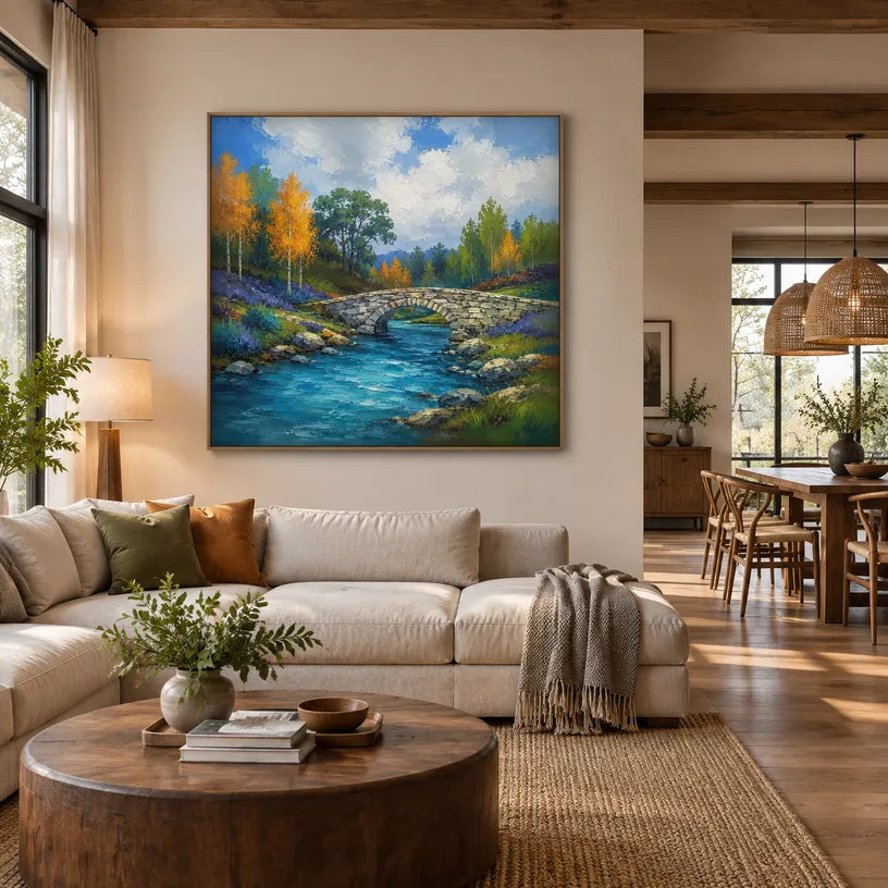 Expressionist landscapes & seascapes & cityscapes oil painting showing a painterly landscape with distant hills, trees or reflective water in a blue palette.