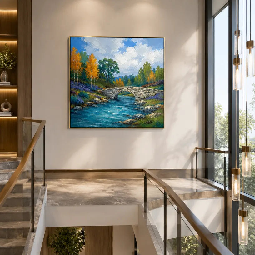 Expressionist landscapes & seascapes & cityscapes oil painting showing a painterly landscape with distant hills, trees or reflective water in a blue palette.