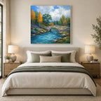 Expressionist landscapes & seascapes & cityscapes oil painting showing a painterly landscape with distant hills, trees or reflective water in a blue palette.