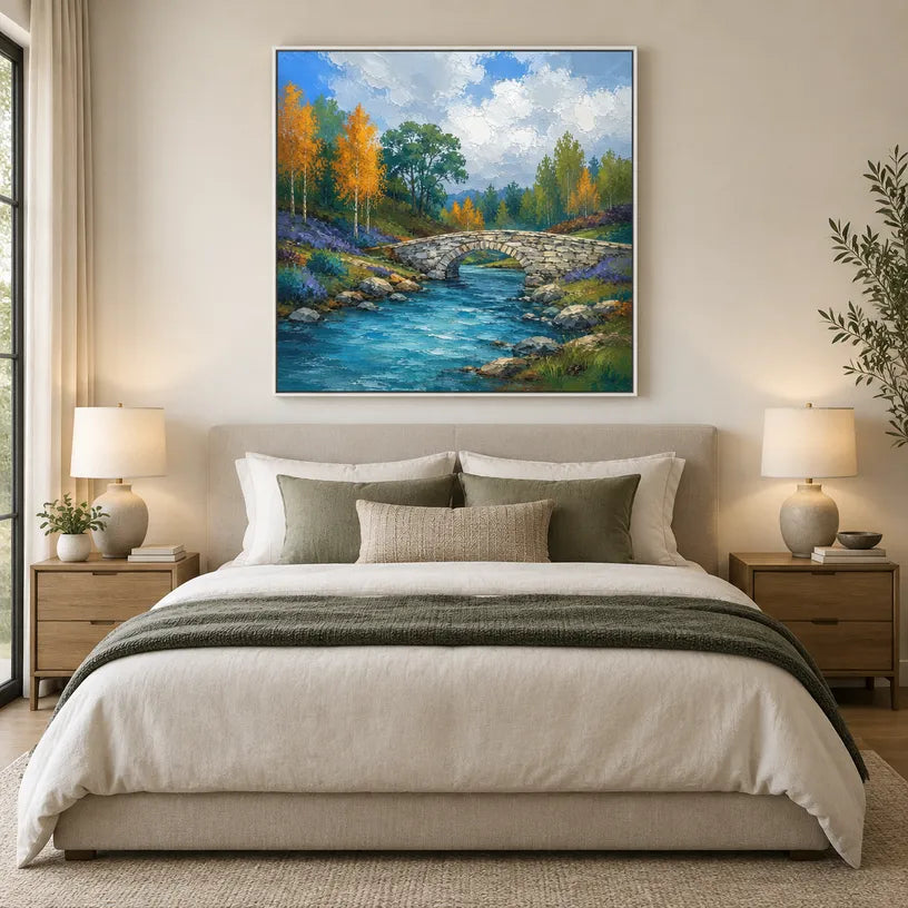 Expressionist landscapes & seascapes & cityscapes oil painting showing a painterly landscape with distant hills, trees or reflective water in a blue palette.