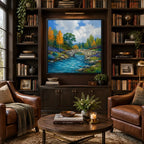 Expressionist landscapes & seascapes & cityscapes oil painting showing a painterly landscape with distant hills, trees or reflective water in a blue palette.