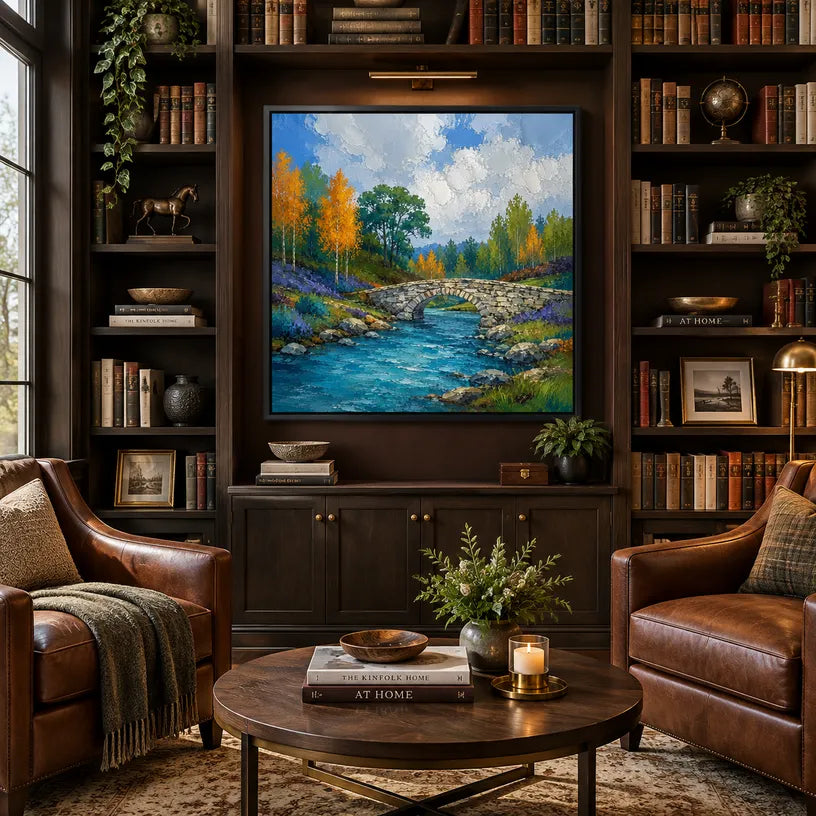 Expressionist landscapes & seascapes & cityscapes oil painting showing a painterly landscape with distant hills, trees or reflective water in a blue palette.