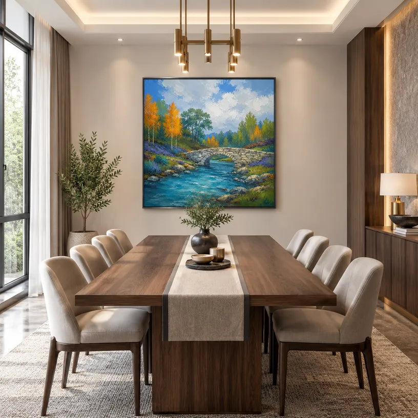 Expressionist landscapes & seascapes & cityscapes oil painting showing a painterly landscape with distant hills, trees or reflective water in a blue palette.