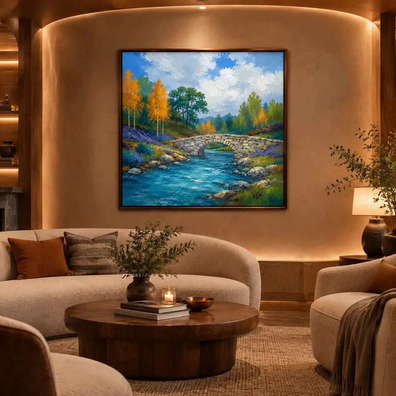 Expressionist landscapes & seascapes & cityscapes oil painting showing a painterly landscape with distant hills, trees or reflective water in a blue palette.