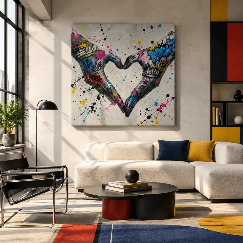 Dipinto ad olio Graffiti Love con un soggetto romantico espresso attraverso la forma pittorica e il colore in una tavolozza di grigi.