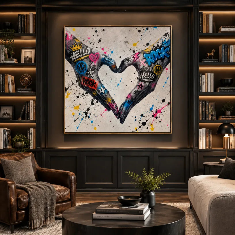 Peinture à l'huile d'amour graffiti présentant un sujet romantique exprimé à travers une forme picturale et des couleurs dans une palette de gris.