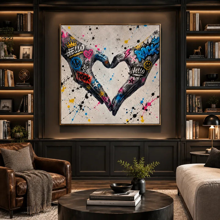 Dipinto ad olio Graffiti Love con un soggetto romantico espresso attraverso la forma pittorica e il colore in una tavolozza di grigi.