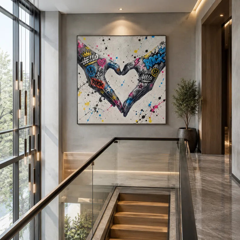 Graffiti love pintura al óleo que presenta un tema romántico expresado a través de formas y colores pictóricos en una paleta de grises.