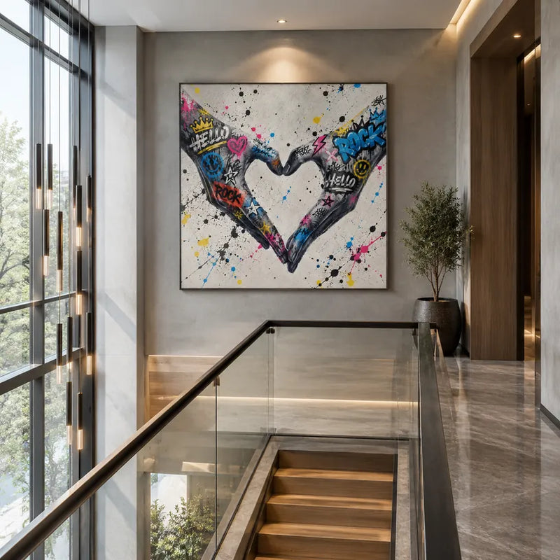Graffiti love pintura al óleo que presenta un tema romántico expresado a través de formas y colores pictóricos en una paleta de grises.