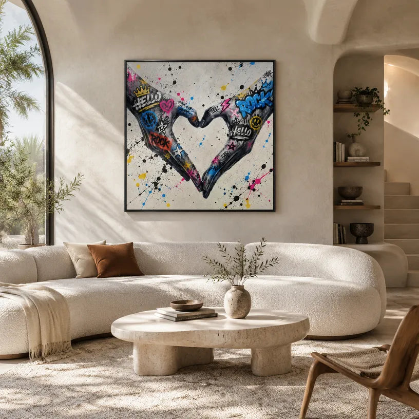 Graffiti love pintura al óleo que presenta un tema romántico expresado a través de formas y colores pictóricos en una paleta de grises.