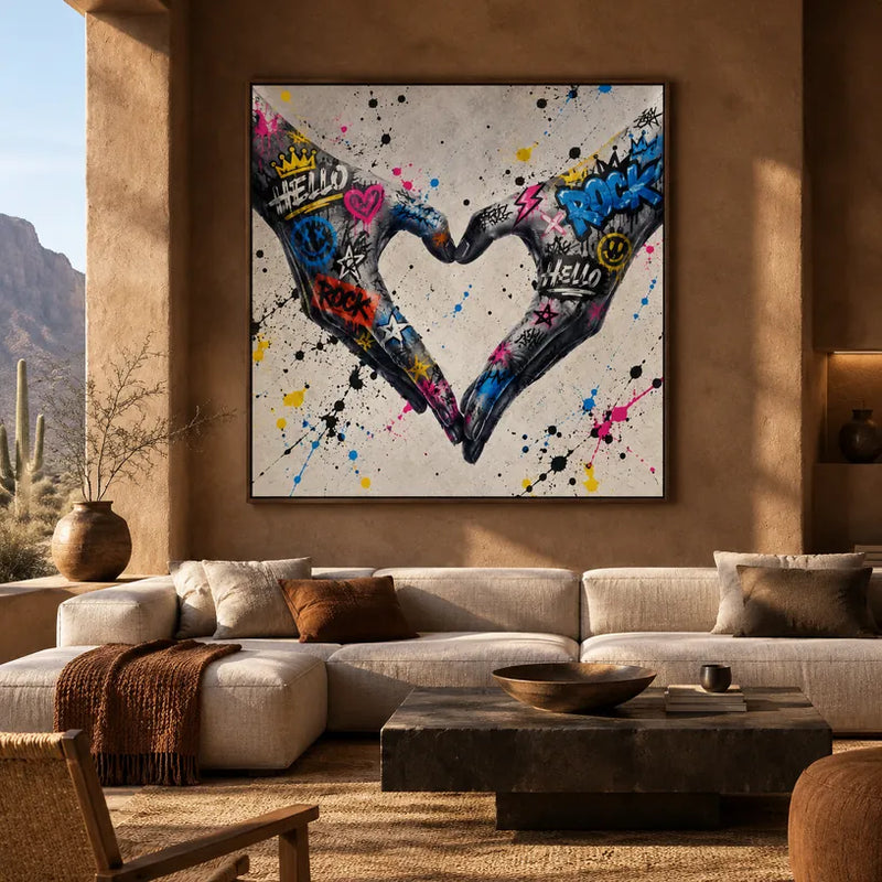 Graffiti love pintura al óleo que presenta un tema romántico expresado a través de formas y colores pictóricos en una paleta de grises.