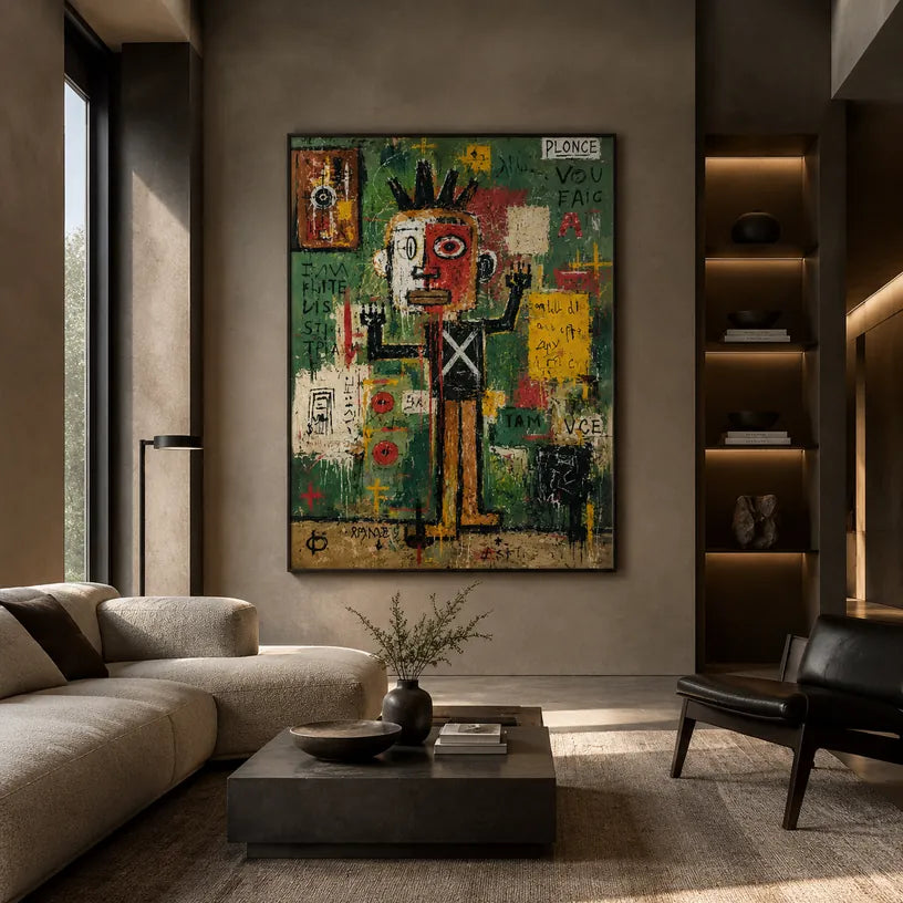 Ritrattistica di graffiti e pittura a olio con figure espressive o ritratti resi con dettagli pittorici in una tavolozza verde.